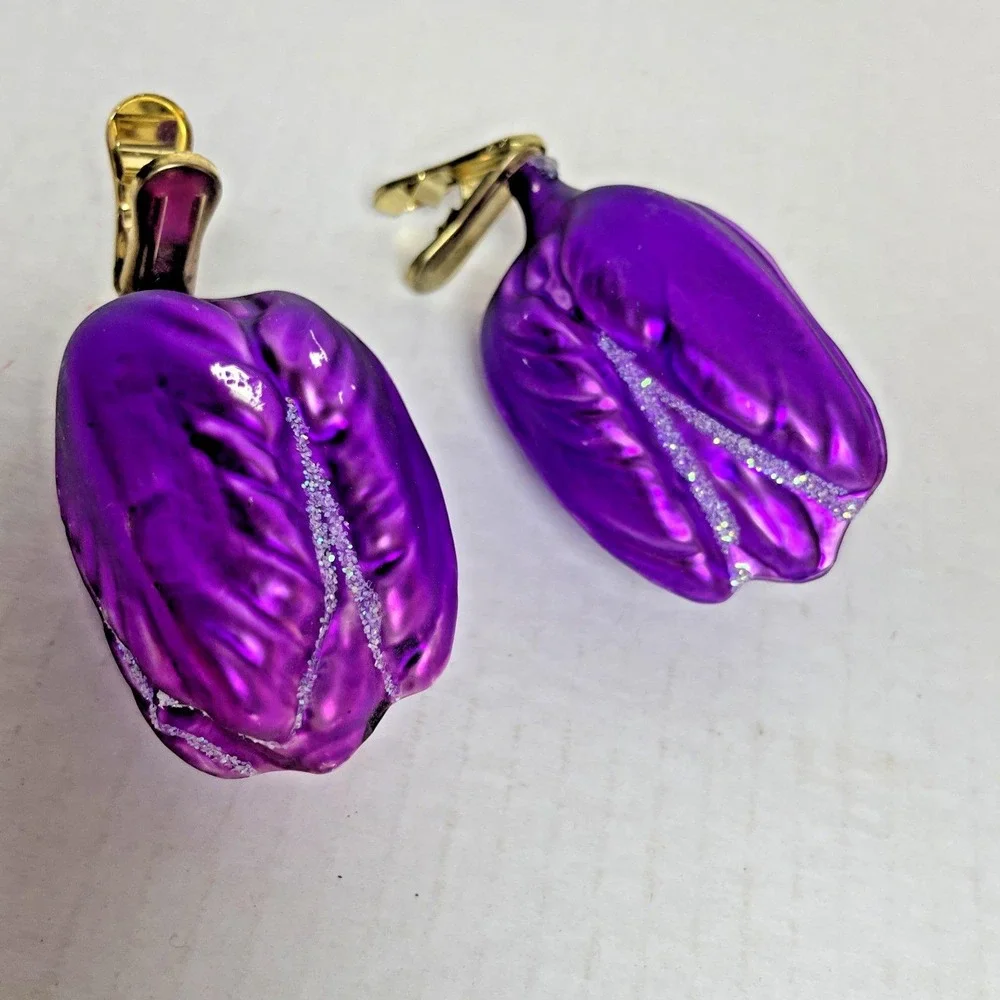 VTG. 2 Clip On Purple Roses with Glitter Blown Glass Ornaments Made in Germany